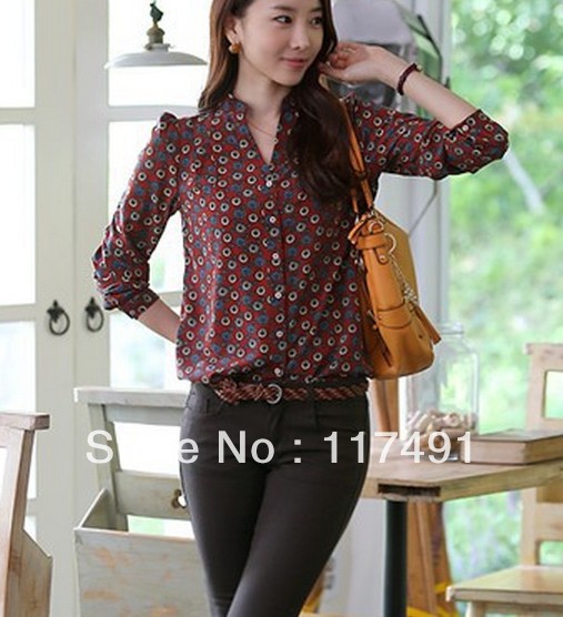 free shipping 2013 spring New woman Slim long-sleeved chiffon top shirt overalls OL geometric burgundy dot printing blouse ft069