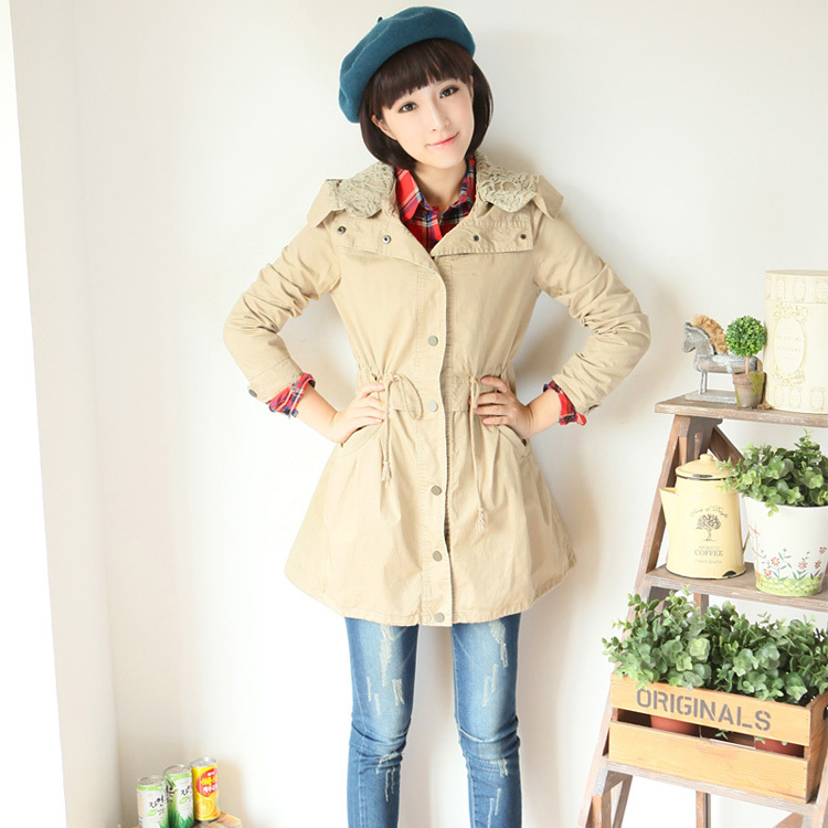 Free Shipping 2013 Spring NEW Women's    drawstring waist slim lace with a hood medium-long single breasted trench outerwear