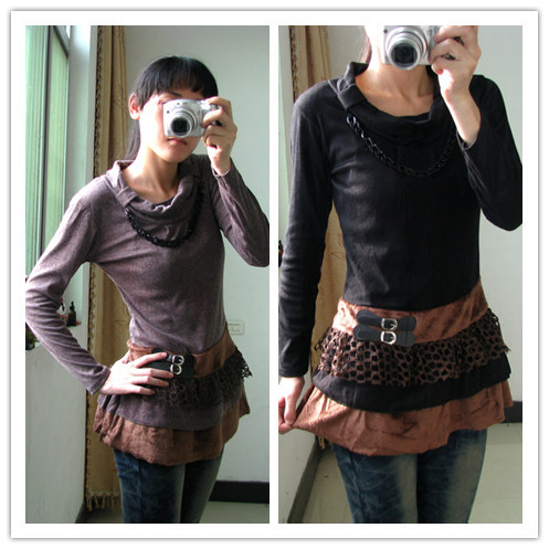 Free Shipping 2013 Spring NEW Women's Heap turtleneck long-sleeve slim medium-long gauze cutout outerwear top