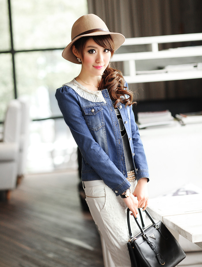 Free Shipping 2013 Spring NEW Women's  new arrival handmade pearl long-sleeve denim outerwear  denim cape long-sleeve denim coat