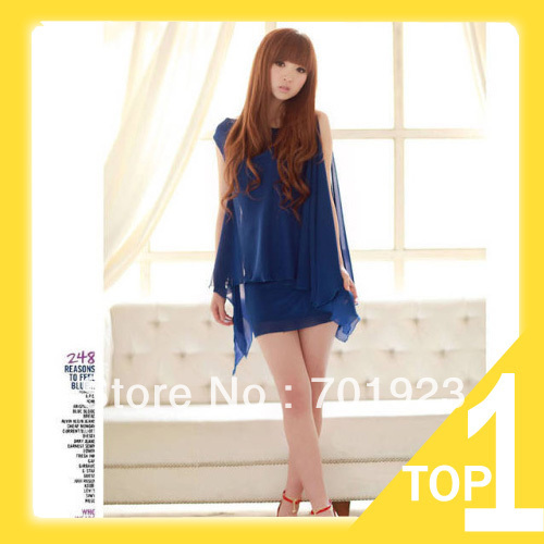free shipping 2013 spring New Women's Sexy One Shoulder Solid Chiffon Asymmetric Gown Loose Mini Dress Y7512