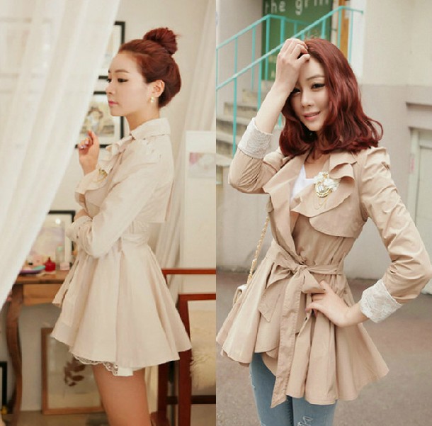 Free Shipping 2013 Spring NEW Women's  sweet ruffle big round swing lace sleeve solid color medium-long trench outerwear