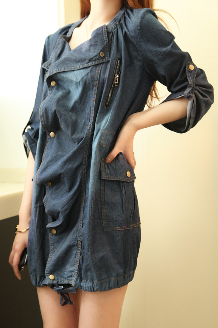 Free Shipping 2013 Spring NEW Women's  wave design feeling pleated denim shirt trench outerwear