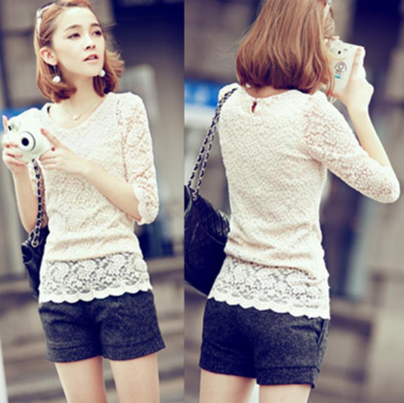Free Shipping 2013 spring o-neck lace three quarter sleeve fashion all-match women's slim basic shirt top