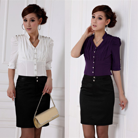 Free shipping 2013 spring ol shirt set skirt fashion epaulette puff sleeve half sleeve shirt women's