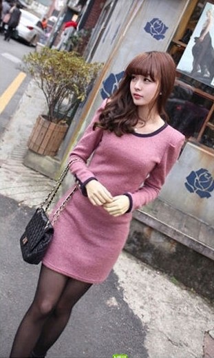 Free shipping 2013 spring one-piece dress ol slim patchwork woolen leather skirt fashion all-match long-sleeve dress