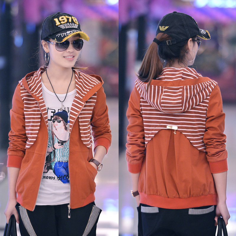 Free Shipping 2013 Spring   plus size short jacket female thin stripe with a hood women  female  and  zipper slim