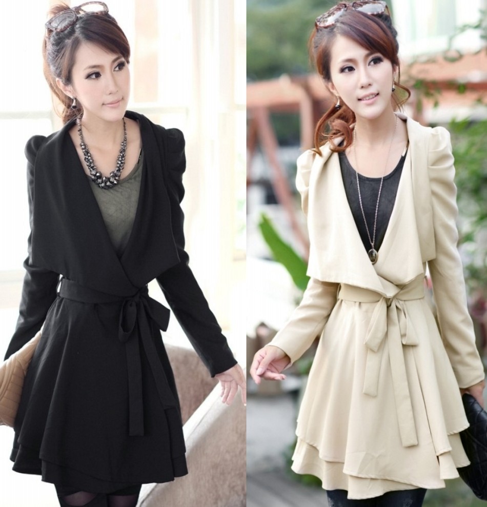 Free Shipping 2013 spring puff sleeve slim pleated large lapel irregular long-sleeve medium-long trench outerwear LDX