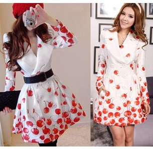 Free Shipping 2013 Spring Red Cherry Printing Women Double Breasted Coat, Fashion Brand  Ladies Jackets S-XL