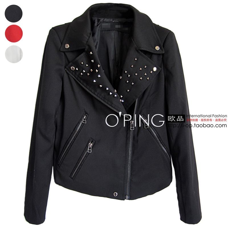 Free Shipping 2013 Spring  rivet oblique zipper motorcycle paragraph multi-pocket long-sleeve outerwear jacket three-color