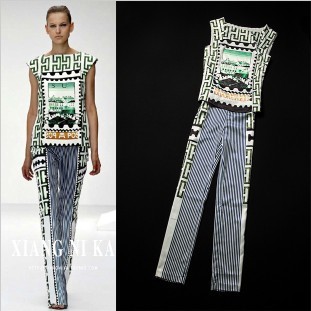 Free Shipping 2013 Spring Runway Women's Fashion Dress Printing Sleeveless Casual Top +Stripled Pants Stylish Clothes Sets