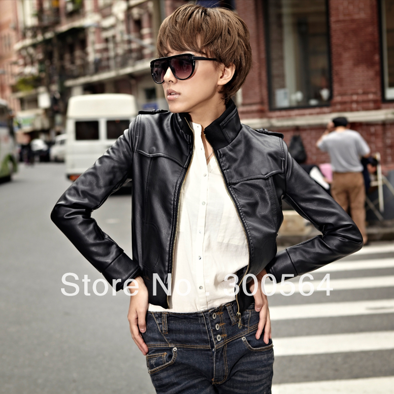 Free shipping! 2013 spring simple elegant PU clothing, female short design slim outerwear, Black one