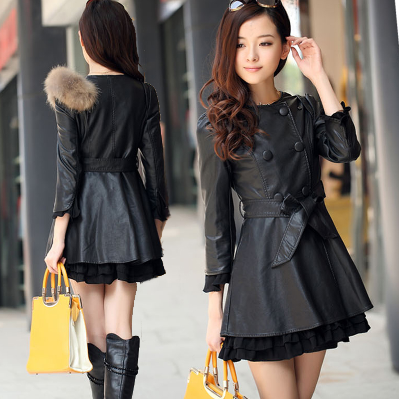 Free Shipping 2013 spring slim sweet PU trench double breasted belt leather skirt o-neck long-sleeve dress