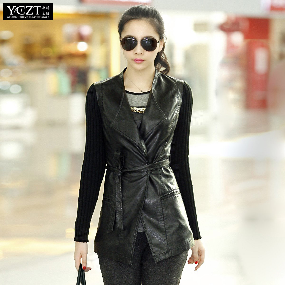 Free shipping 2013 spring slim turn-down collar patchwork PU clothing medium-long trench outerwear female