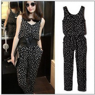 Free shipping 2013 Spring Summer New Fashion Casual Long Pants Sleeveless Loose Dot  Jumpsuits And Rompers Overalls For Women