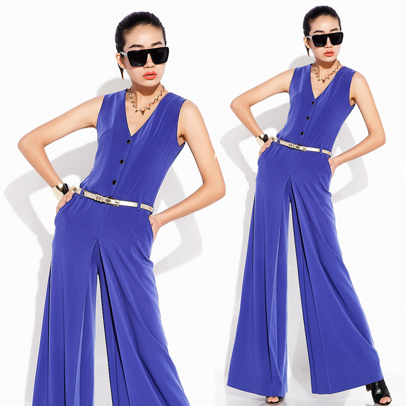 free shipping 2013 spring summer womens v-neck sleeveless  blue chiffon jumpsuit ladies wide leg long overall trousers for women