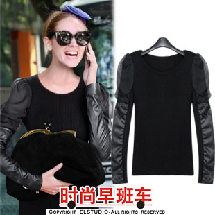 free shipping 2013 spring thermal slim sweater female o-neck patchwork sweater all-match basic shirt long-sleeve lace