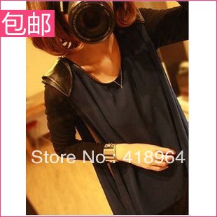 Free shipping 2013 spring two piece set leather patchwork shoulder pads knitted long-sleeve chiffon shirt