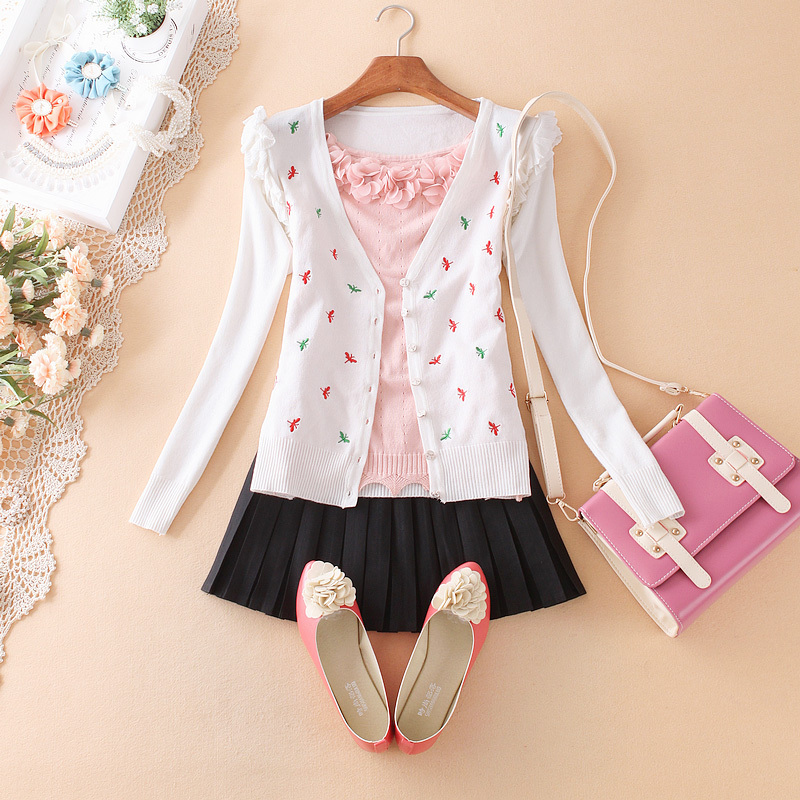 Free shipping 2013 spring V-neck embroidery ruffle sweater long-sleeve cardigan small lap outerwear female