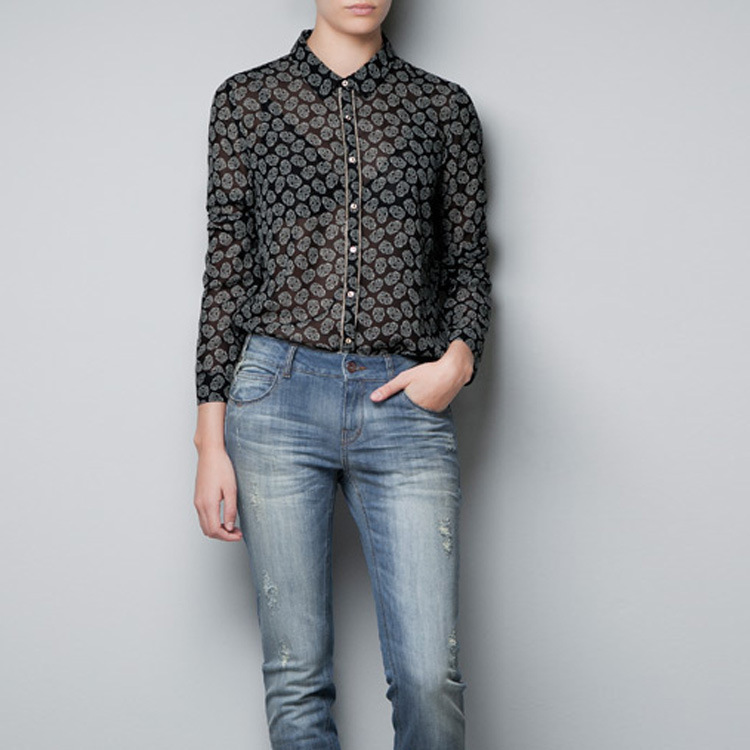 Free Shipping 2013 spring woman skull and crossbones chiffon shirt long-sleeved OL style the skeletons head gold wire placket