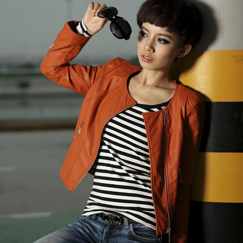 free shipping 2013 spring women leather clothing short design o-neck slim PU clothing motorcycle jacket coat women's top