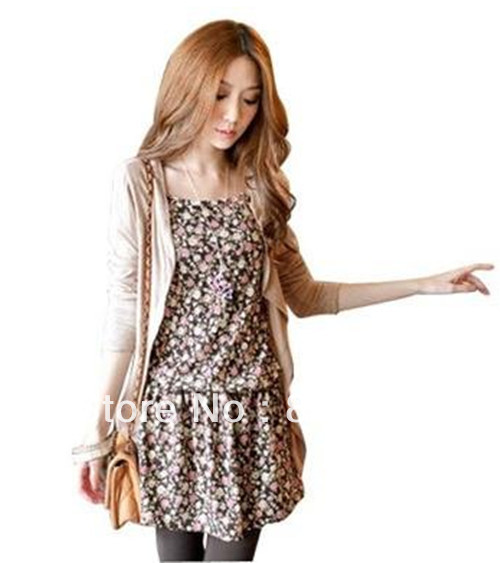 free shipping 2013 spring women new fashion pink beige two-piece set,print cute vest mini dress knitted cotton cardigans 451
