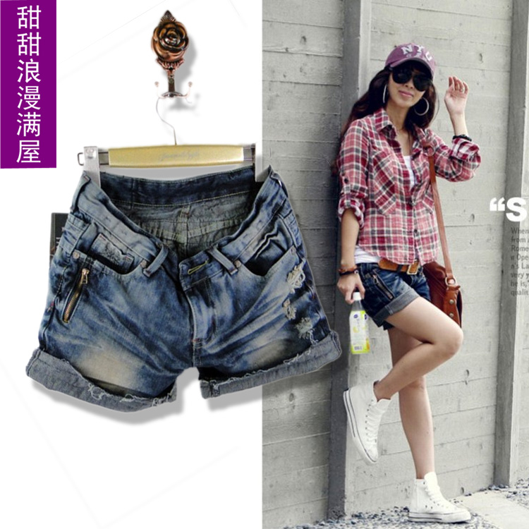 Free Shipping 2013 spring women's 308 cool zipper retro finishing blue denim shorts