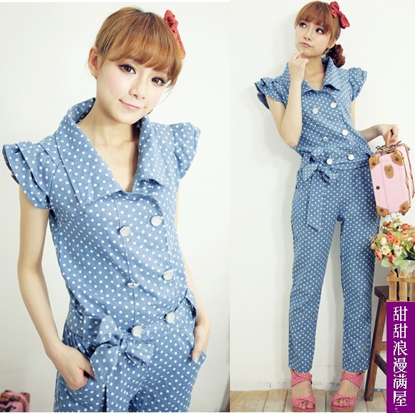 Free Shipping 2013 spring women's 3781216 polka dot double breasted denim jumpsuit trousers wholesale