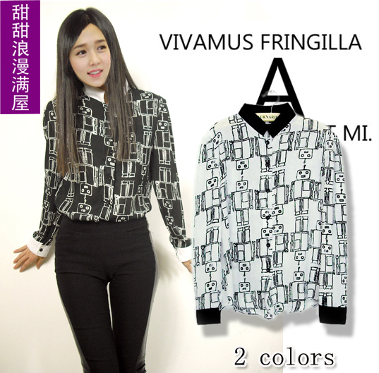 Free Shipping 2013 spring women's 640321 casual all-match cartoon robot stand collar long-sleeve chiffon shirt