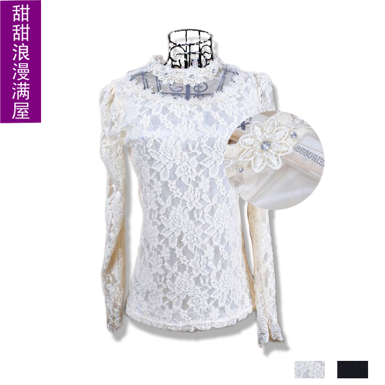 Free Shipping 2013 spring women's 865751 sweet rhinestone stand collar crochet lace long-sleeve shirt top