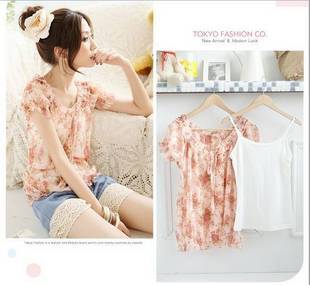 Free Shipping 2013 spring women's 896228 romantic flower strap chiffon shirt twinset