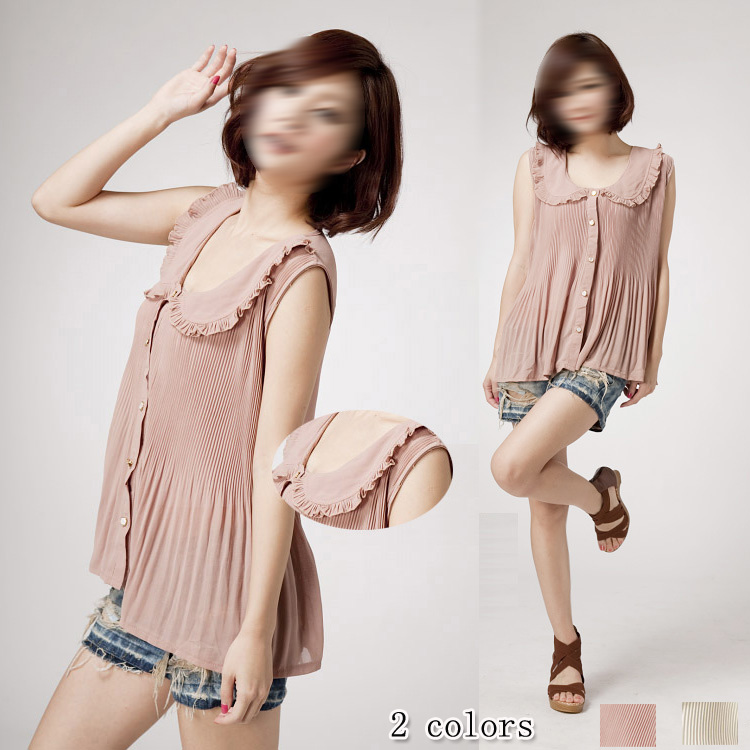 Free Shipping 2013 spring women's 899429 sweet ruffle collar pleated sleeveless chiffon shirt