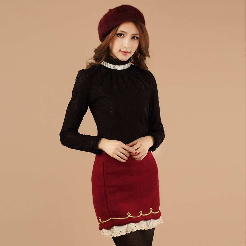 Free shipping 2013 spring women's all-match lace shirt pearl necklace long-sleeve basic shirt Hot sell