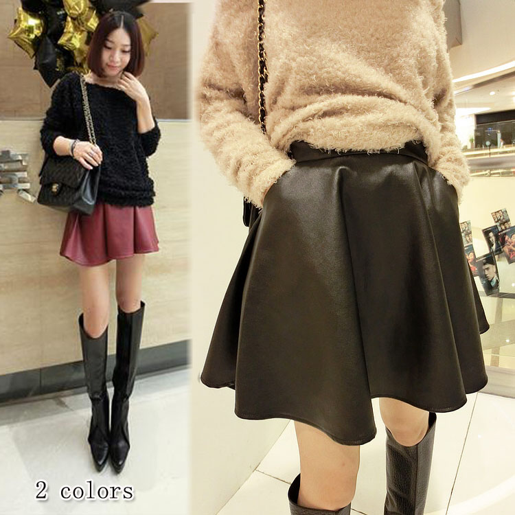 Free Shipping 2013 spring women's b2255 all-match half-length pleated skirt leather short skirt