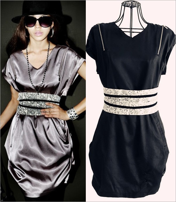 Free Shipping 2013 Spring Women's Bat Sleeve Dress Bright Surface Smooth Zipper Street Wind Temperament Emulation Silk Dresses