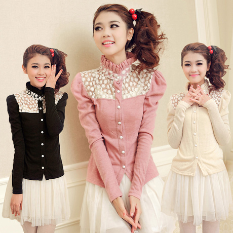 Free shipping 2013 spring women's cutout lace puff sleeve cashmere sweater thermal cardigan 3 size