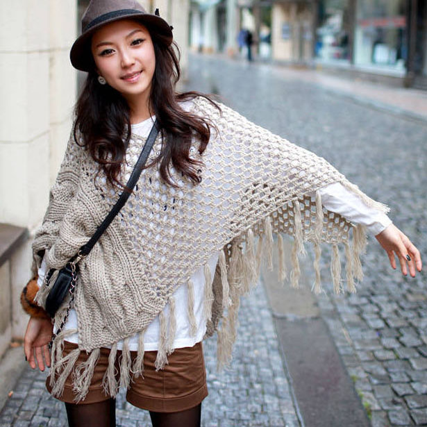 free shipping 2013 spring women's cutout tassel cloak sweater outerwear cape sweater female