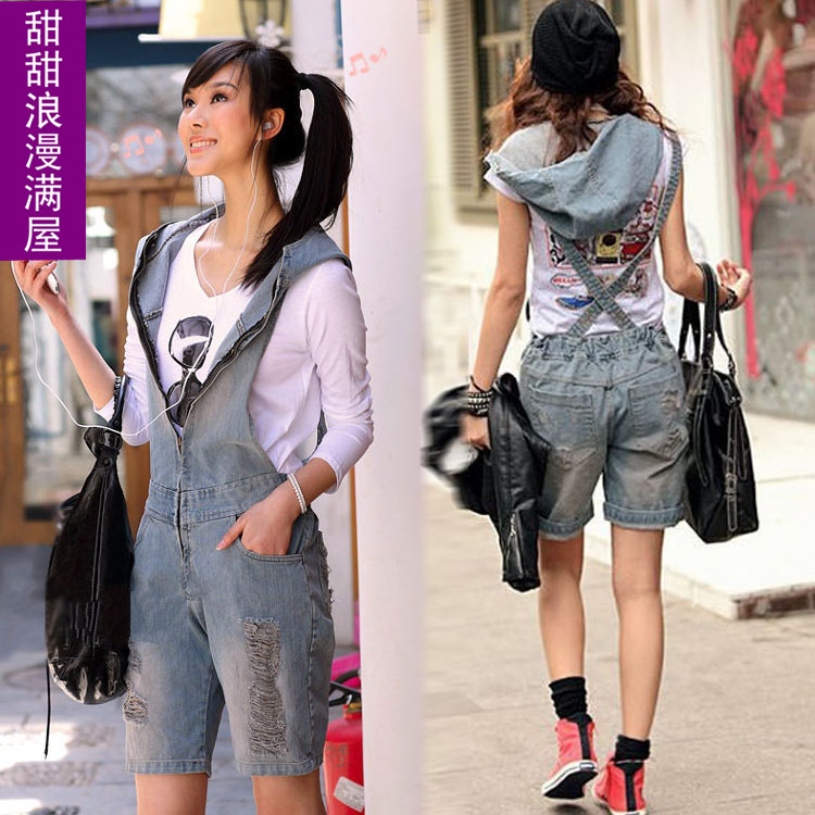 Free Shipping 2013 spring women's denim suspenders one piece shorts denim shorts d9809