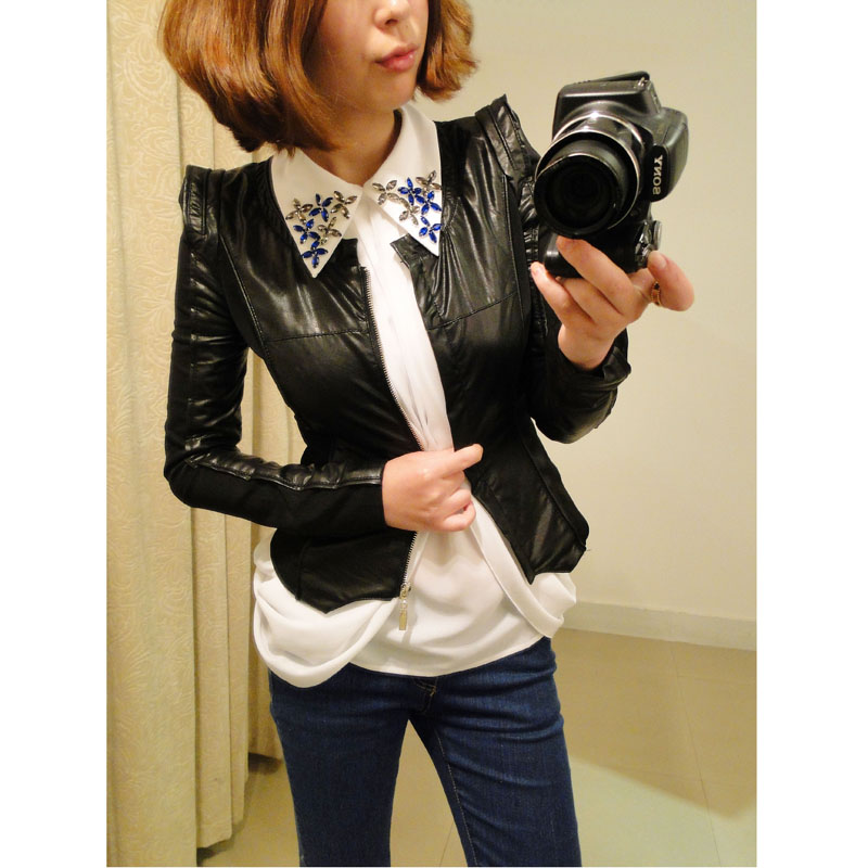 Free Shipping 2013 Spring women's dress    fashion gauze small patchwork leather clothing x7016