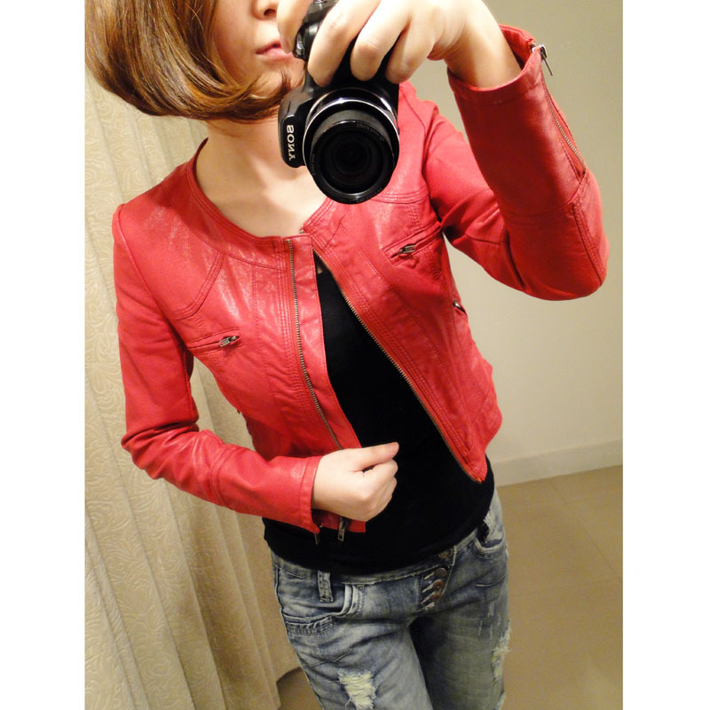 Free Shipping 2013 Spring women's dress   o-neck slim zipper motorcycle  design leather clothing j011