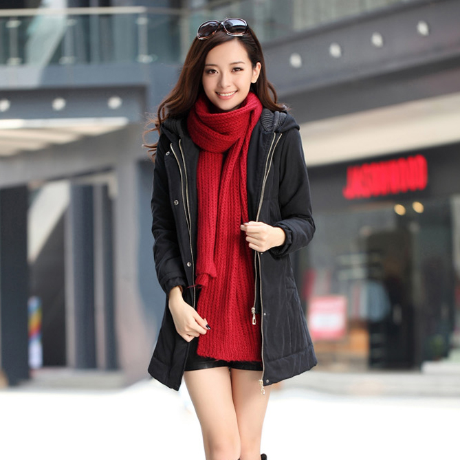 Free Shipping 2013 Spring women's dress   patchwork knitted big pocket slim with a hood long design velvet wadded
