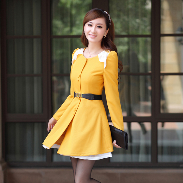 Free Shipping 2013 Spring women's dress   yellow sweet button belt elegant long-sleeve ol trench  trench