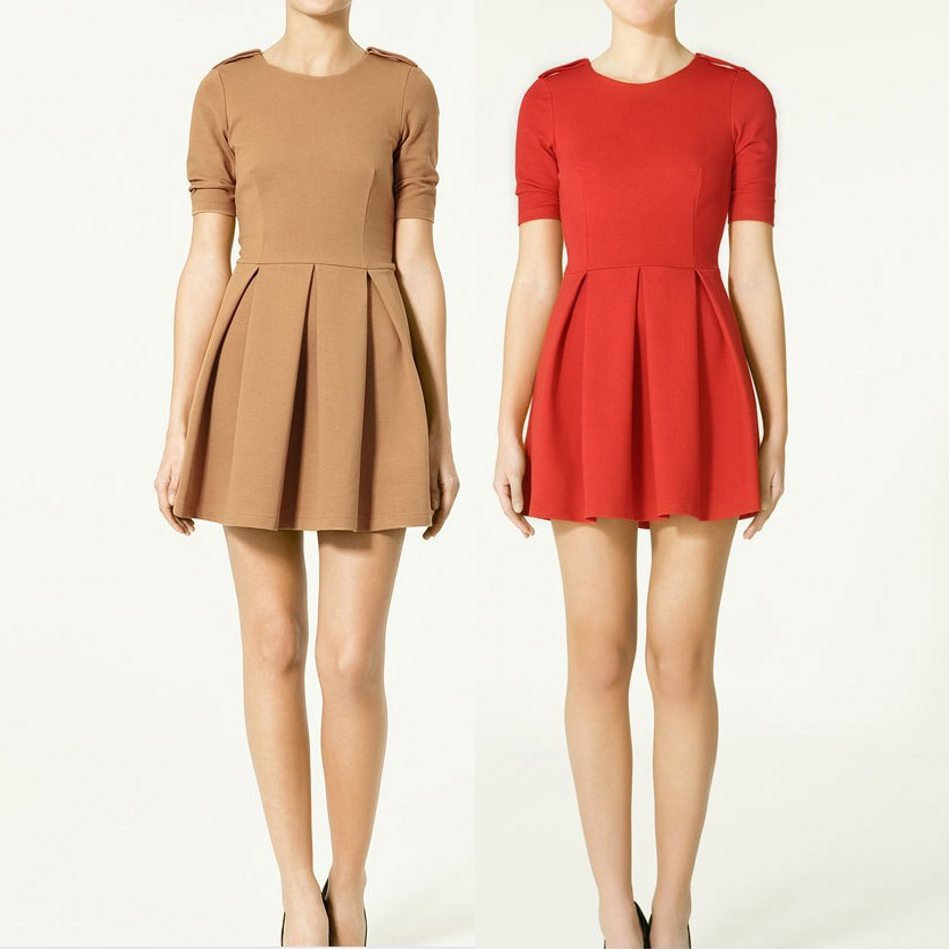 Free Shipping 2013 Spring Women's Empire O-Neck Vintage Mini Dress New Fashion Women Solid Slim Fit Mini Dress , Black Red