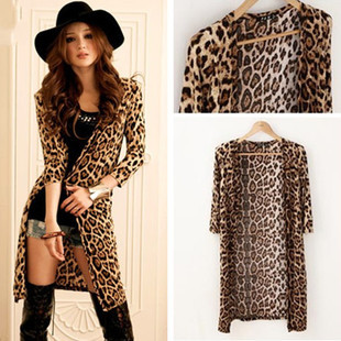 Free shipping 2013 Spring Women's Fashion Leopard Shrug Long Sleeve thin Cardigan Long Section Jacket/Coats-Y9101