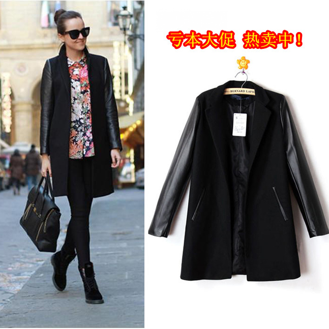 Free shipping 2013 spring women's fashion medium-long collar suit no button trench leather patchwork wool coat