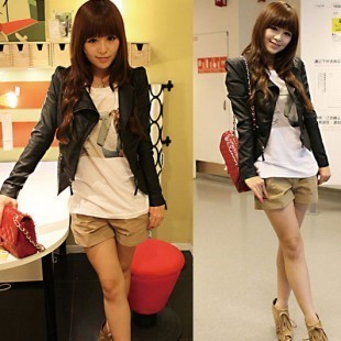 Free Shipping 2013 Spring women's  handsome Women two ways short design all-match slim leather clothing PU 968414a