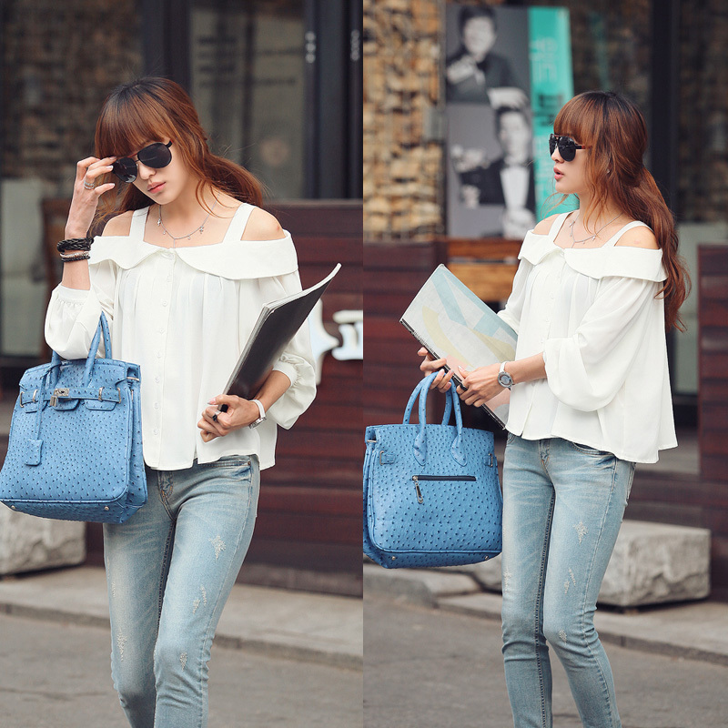 free shipping 2013 spring women's lantern sleeve chiffon shirt solid color trend all-match slim strapless t-shirt female