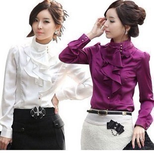 Free Shipping 2013 Spring Women's OL Slim Stand Collar Shirts Ruffle Faux Silk Puff Sleeve Chiffon Blouses 6 Size+5 Color MX0239