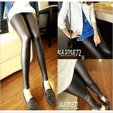 Free Shipping 2013 Spring women's pants The bride small  leggings black faux leather elastic basic  tight-fitting 731