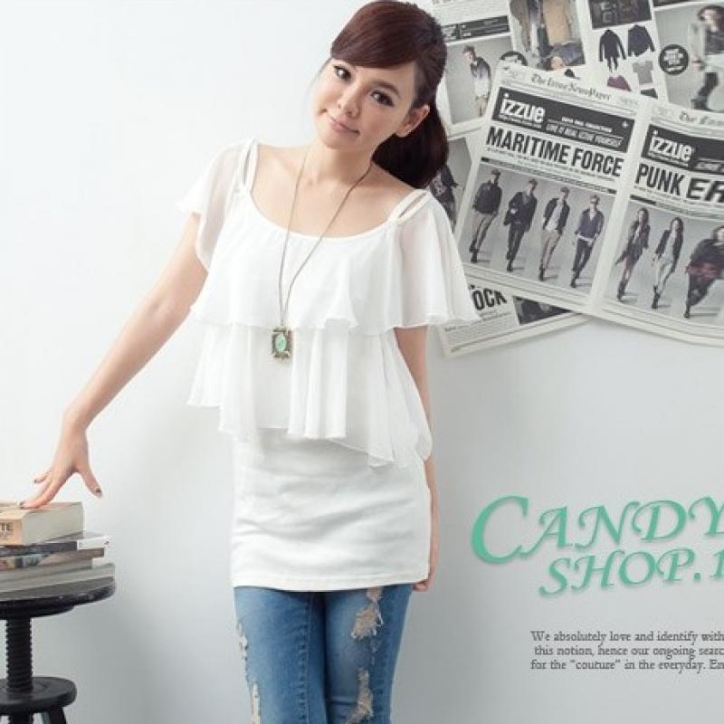 Free Shipping 2013 spring women's pleated big ruffle o-neck patchwork chiffon top chiffon shirt